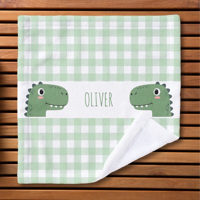 Cute Green Dinosaur Head Gingham Name Wash Cloth (Creator Uploaded)