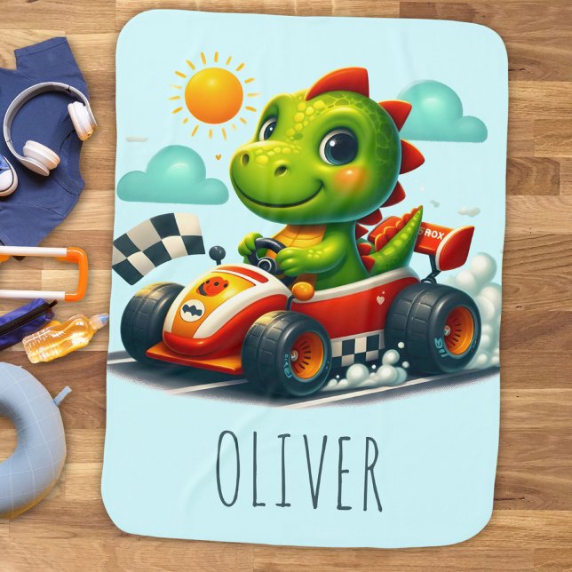 Cute Green Dinosaur in a Race Car Baby Blanket (Creator Uploaded)
