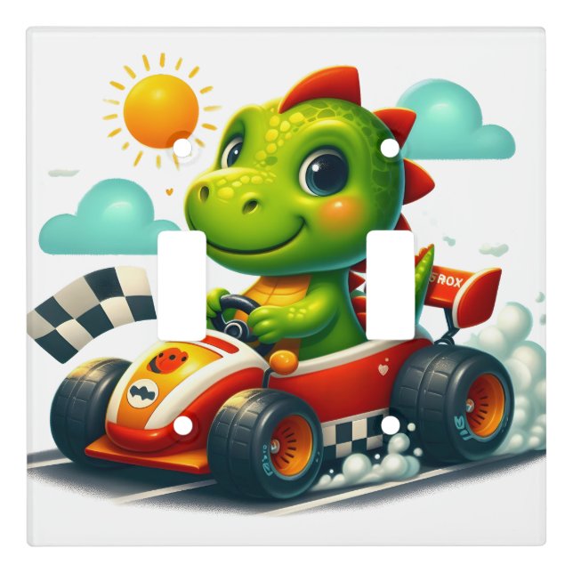Cute Green Dinosaur in a Race Car Light Switch Cover (Front)