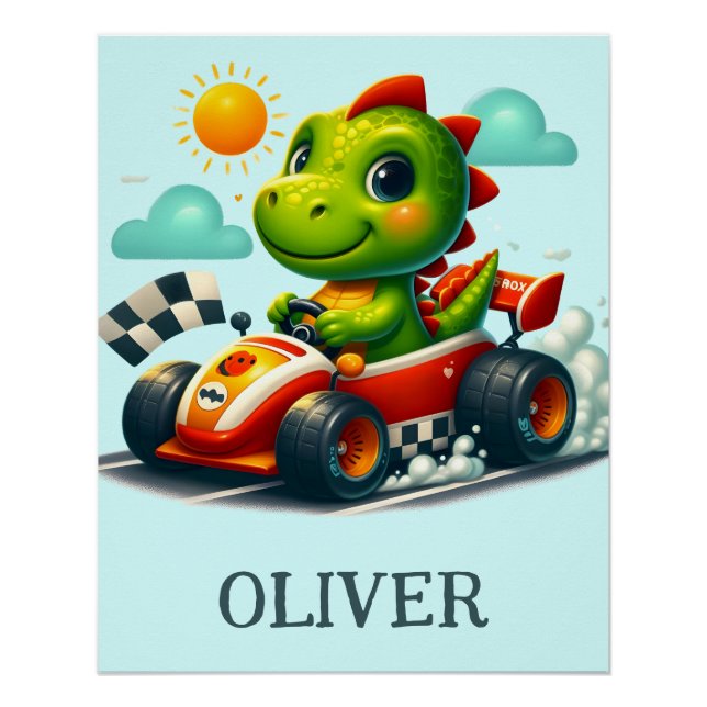 Cute Green Dinosaur in a Race Car Poster (Front)