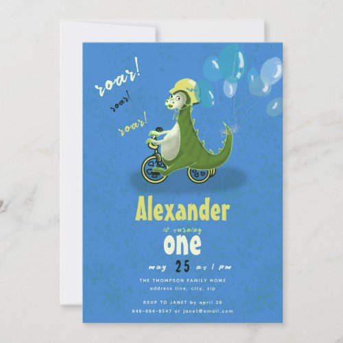 Cute Green Dinosaur on Trike Boy Birthday Party Invitation