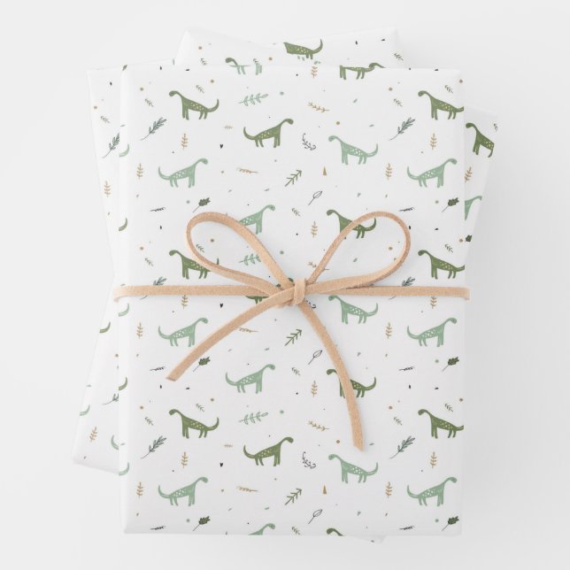 Cute Green Dinosaur Pattern Wrapping Paper Sheets (In situ)