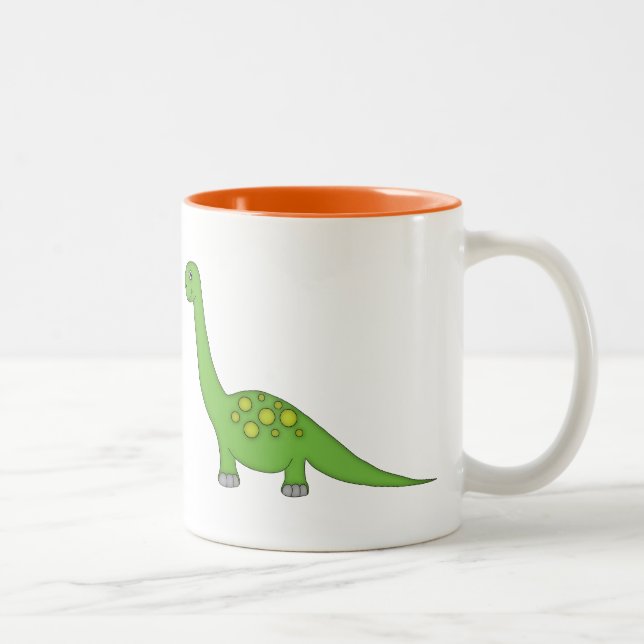 Cute Green Dinosaur+Personalize Name Two-Tone Coffee Mug (Right)