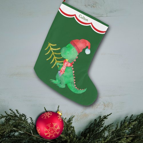 Cute Green Dinosaur Personalized Large Christmas Stocking