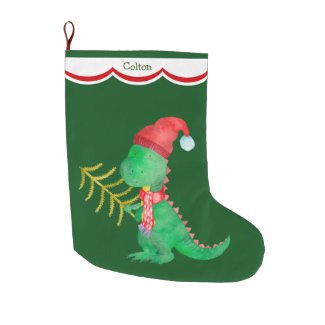 Cute Green Dinosaur Personalized Large Christmas Stocking