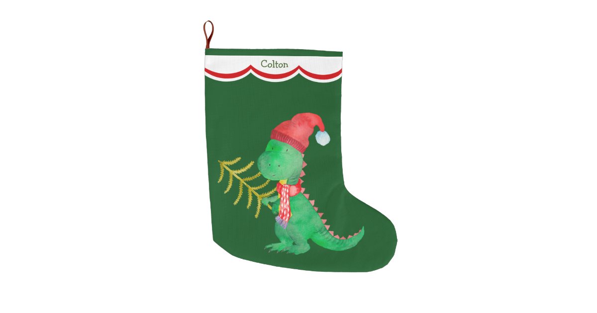 Cute Green Dinosaur Personalized Large Christmas Stocking | Zazzle