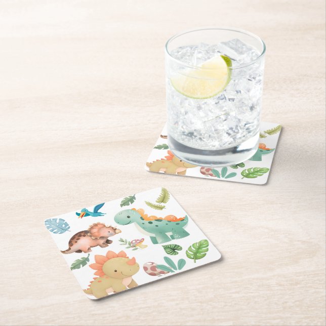 Cute green dinosaur square paper coaster (Insitu)