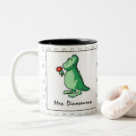 Cute Green Dinosaur With Flower Teacher Name  Two-Tone Coffee Mug