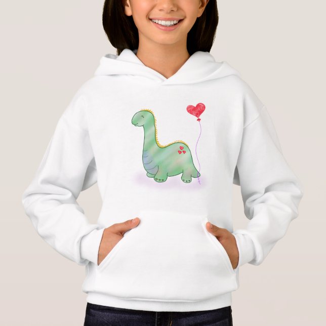 Cute Green Dinosaur with Heart Balloon | Hoodie (Front)