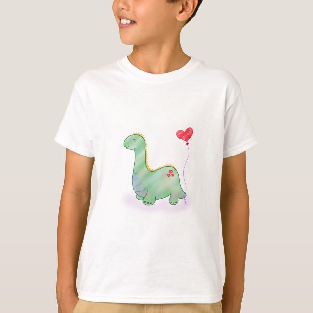 Cute Green Dinosaur with Heart Balloon | T-Shirt (Front)