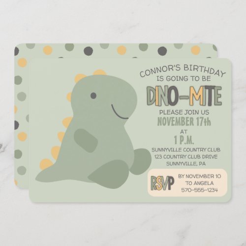 Cute Green Dinosaur Young Childs Birthday Party Invitation