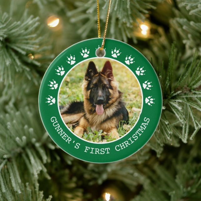 Cute Green Dog Paw Prints Photo Frame Christmas Ceramic Ornament (Tree)