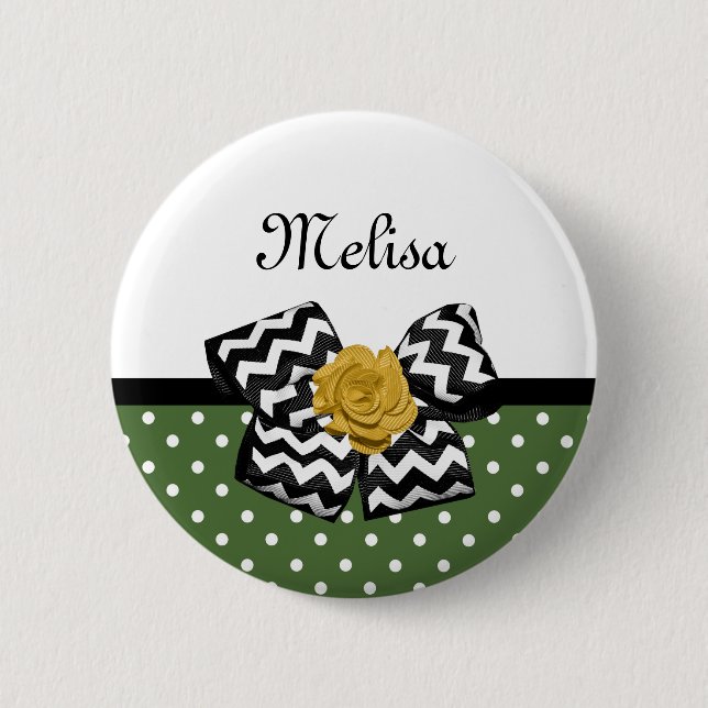 Cute Green Dots Yellow Rose Chevron Bow and Name Button (Front)