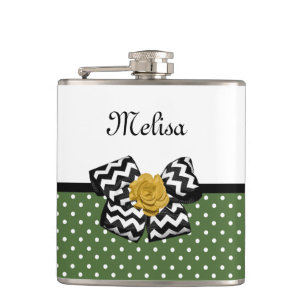 Cute Green Dots Yellow Rose Chevron Bow and Name Hip Flask