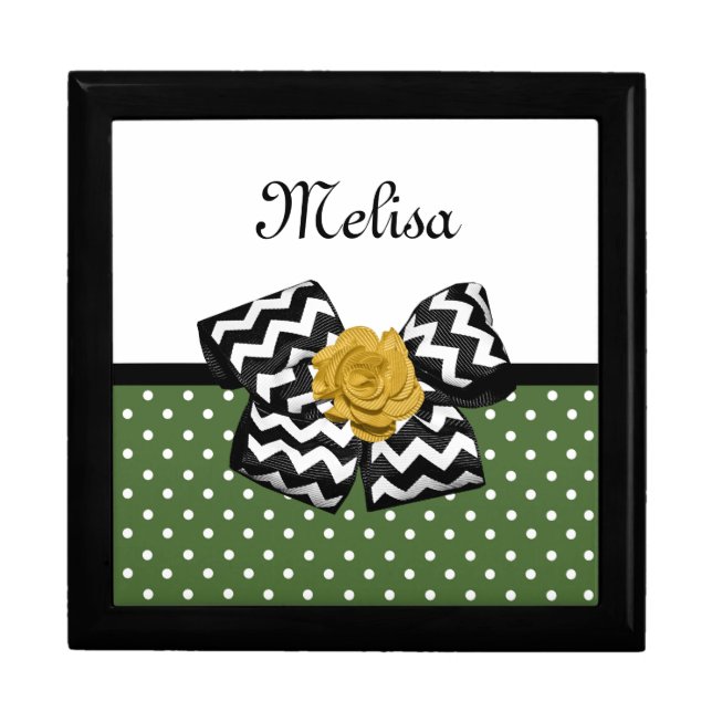 Cute Green Dots Yellow Rose Chevron Bow and Name Keepsake Box (Front)