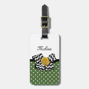 Cute Green Dots Yellow Rose Chevron Bow and Name Luggage Tag
