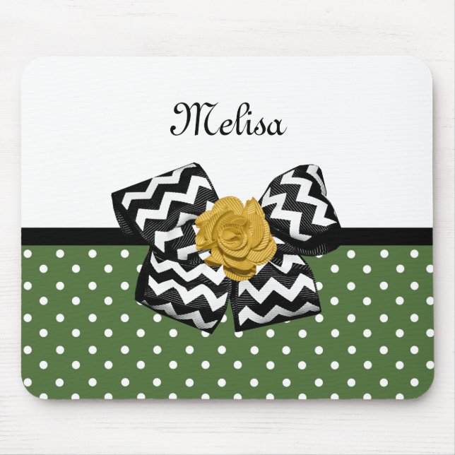 Cute Green Dots Yellow Rose Chevron Bow and Name Mouse Pad (Front)