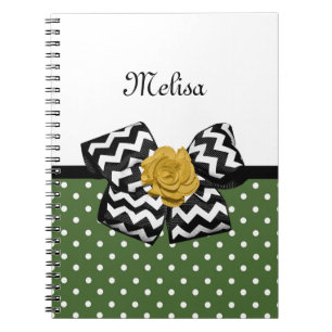 Cute Green Dots Yellow Rose Chevron Bow and Name Notebook