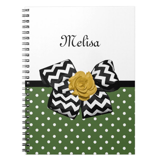 Cute Green Dots Yellow Rose Chevron Bow and Name Notebook (Front)