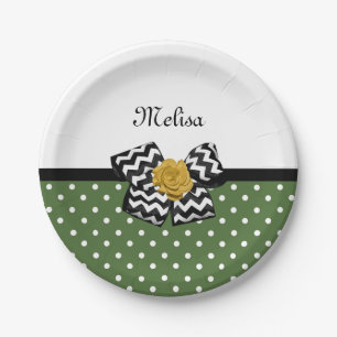 Cute Green Dots Yellow Rose Chevron Bow and Name Paper Plates