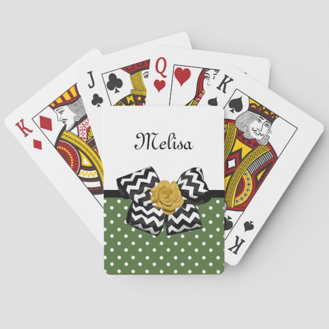 Cute Green Dots Yellow Rose Chevron Bow and Name Poker Cards (Back)