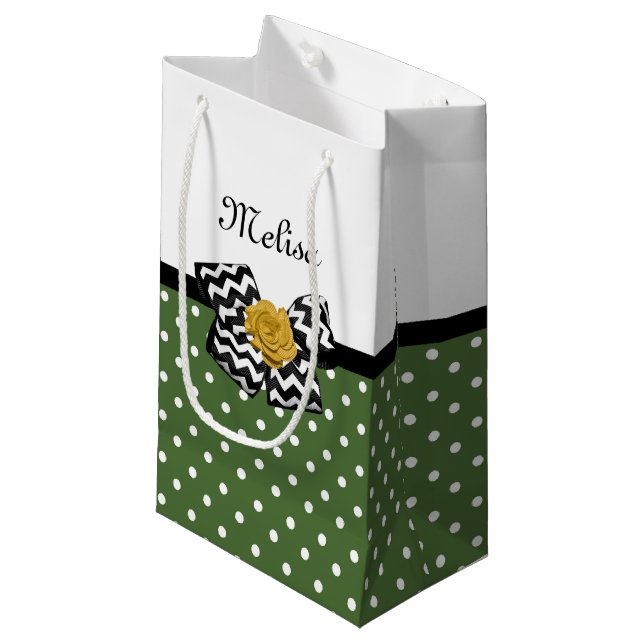 Cute Green Dots Yellow Rose Chevron Bow and Name Small Gift Bag (Front Angled)