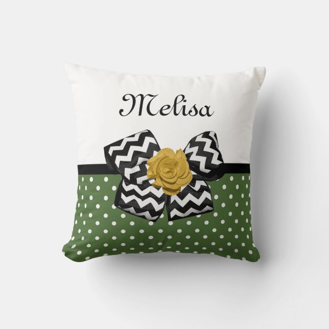 Cute Green Dots Yellow Rose Chevron Bow and Name Throw Pillow (Front)