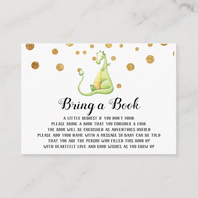 *~* Cute Green Dragon Baby Shower Bring a Book Enclosure Card (Front)