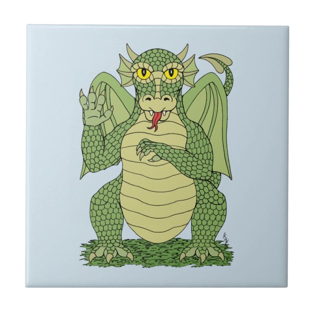 Cute Green Dragon Ceramic Tile (Front)