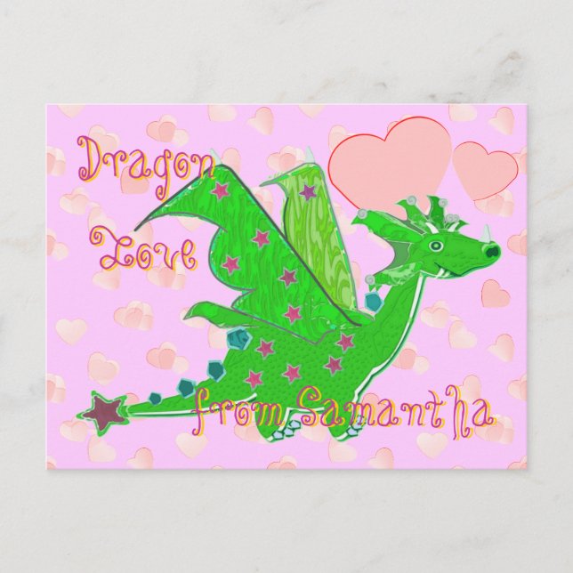 Cute Green Dragon Love Hearts Kids Postcard (Front)