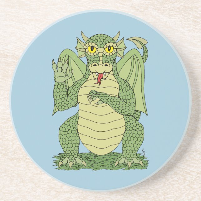 Cute Green Dragon Sandstone Coaster (Front)