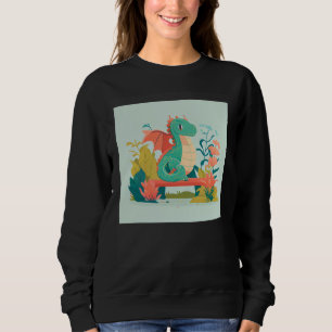 Cute Green Dragon sitting on bench in a garden for Sweatshirt