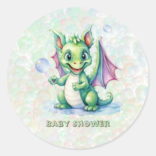 Cute Green Dragon with Bubbles Boy Baby Shower Classic Round Sticker