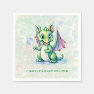 Cute Green Dragon with Bubbles Boy Baby Shower Napkins