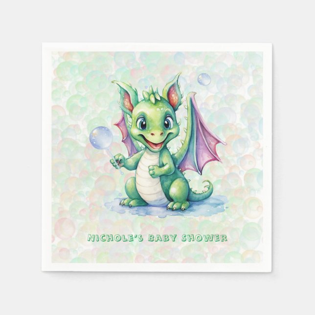 Cute Green Dragon with Bubbles Boy Baby Shower Napkins (Front)