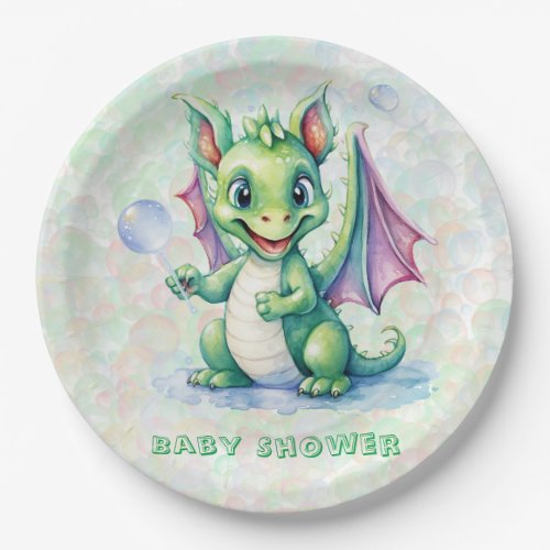 Cute Green Dragon with Bubbles Boy Baby Shower Paper Plates