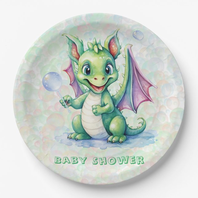 Cute Green Dragon with Bubbles Boy Baby Shower Paper Plates (Front)