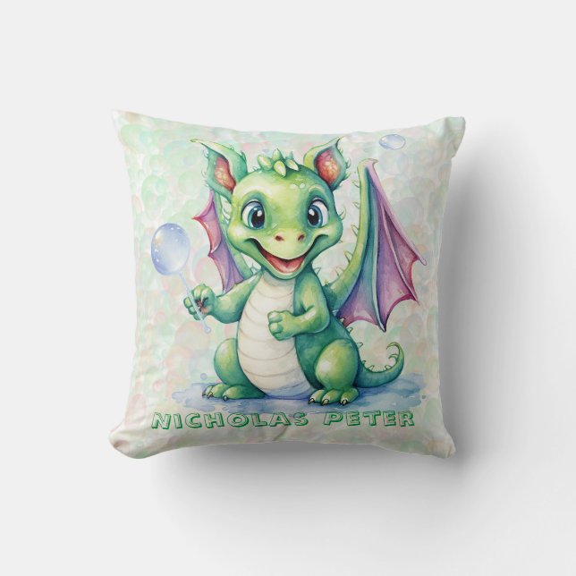 Cute Green Dragon with Bubbles Boy Custom Gift Throw Pillow (Front)