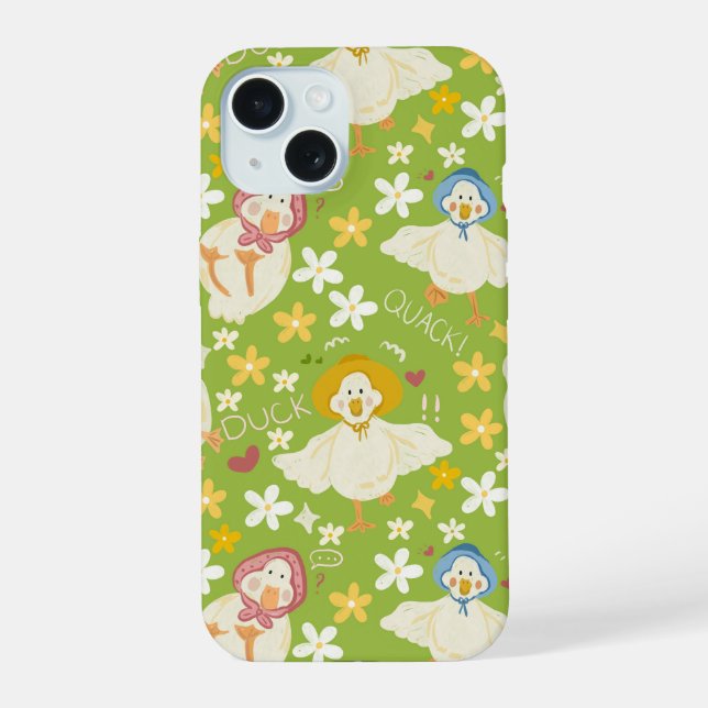 Cute Green Duck & Daisy Flower Seamless Pattern Iphone Case (Back)