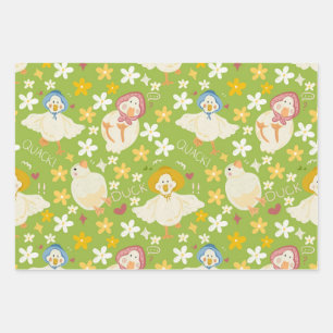 Cute Green Duck & Daisy Flower Seamless Pattern Wrapping Paper Sheets