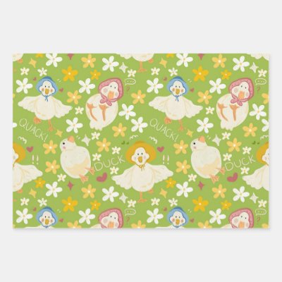 Cute Green Duck &amp; Daisy Flower Seamless Pattern Wrapping Paper Sheets