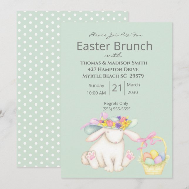 Cute Green Easter Basket Bunny Brunch Invitation (Front/Back)