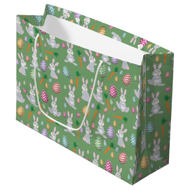 Cute Green Easter Bunny Rabbit Pattern Large Gift Bag (Front Angled)