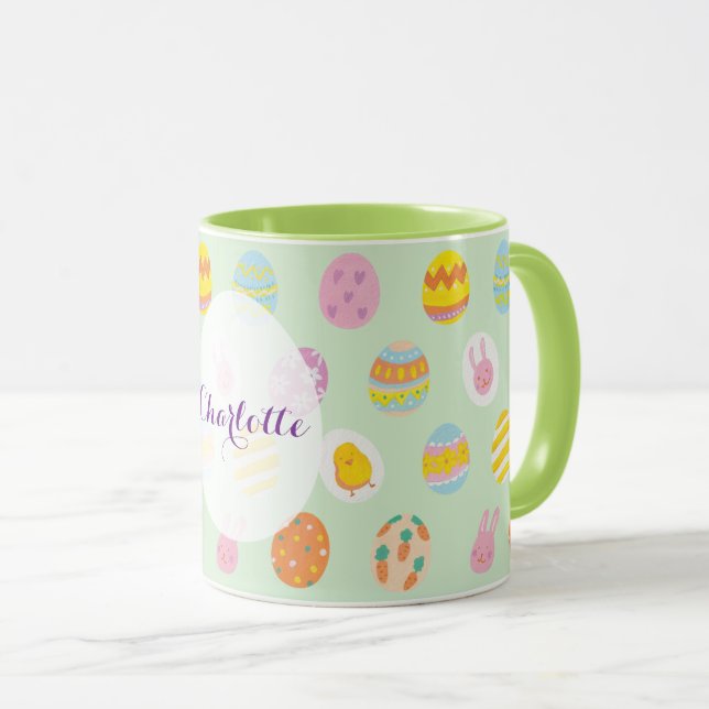 Cute Green Easter Egg Pattern Personalized Name Mug (Front Right)
