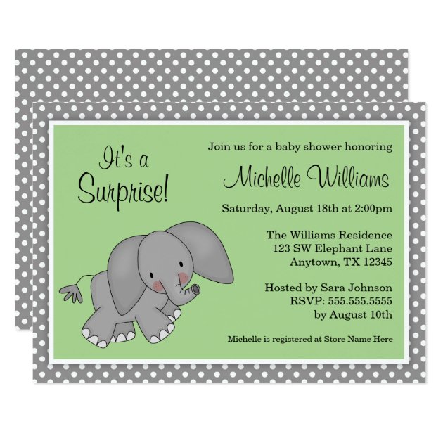 Cute Green Elephant Gender Neutral Baby Shower Invitation
