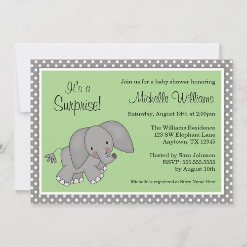 Cute Green Elephant Gender Neutral Baby Shower Invitations