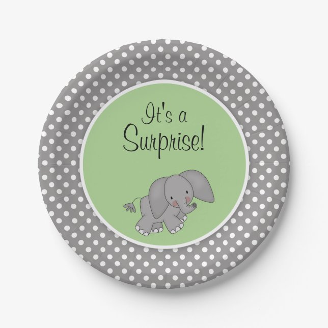 Cute Green Elephant Gender Neutral Baby Shower Paper Plates (Front)