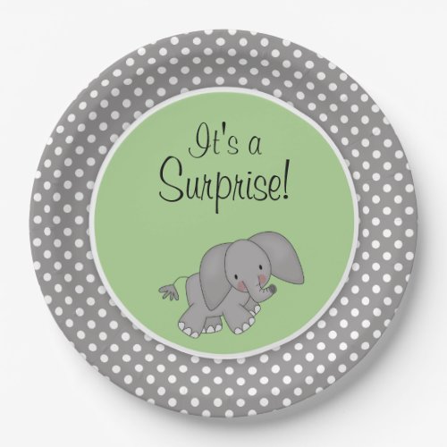 Cute Green Elephant Gender Neutral Baby Shower Paper Plates