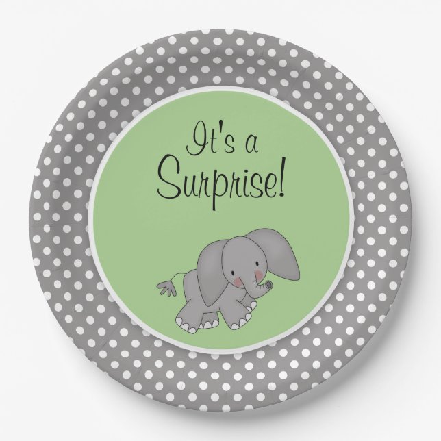 Cute Green Elephant Gender Neutral Baby Shower Paper Plates (Front)