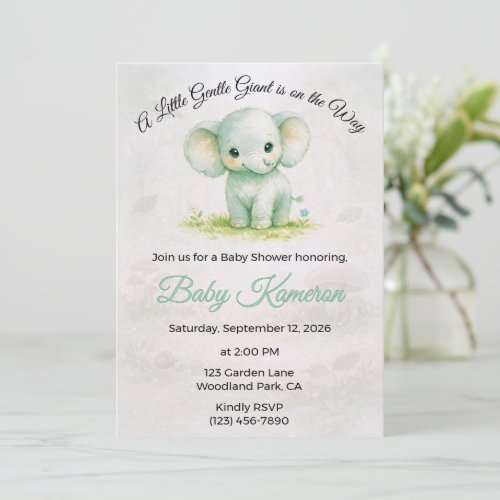 Cute Green Elephant Neutral Baby Shower Invitation